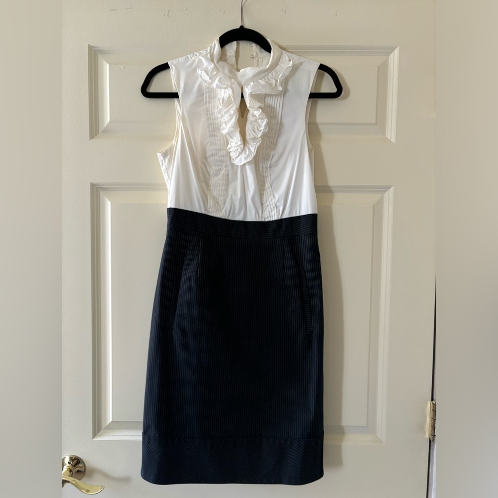 Size 6 slim fit sleeveless white ruffled  top and pinstriped blue bottom
